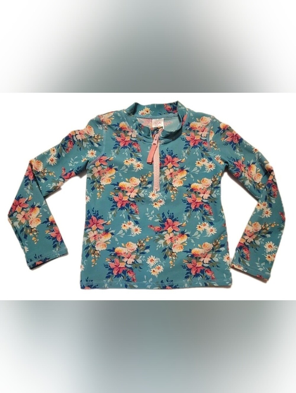 Ruffle Butts Girls Teal Floral Long Sleeve Sun Rashguard Swimsuit Top Size 5